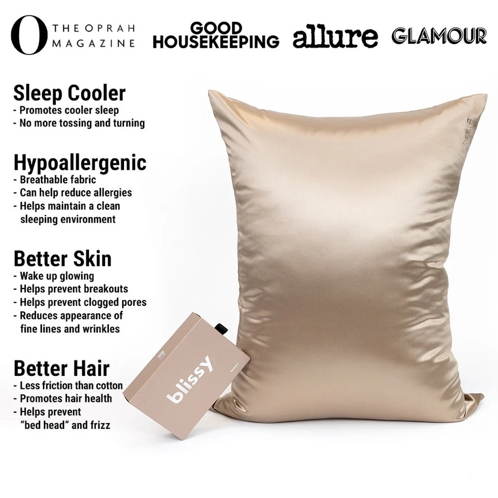 NEW NIB BLISSY 100% Mulberry Silk Pillowcase, Standard Natural Beige 20x26